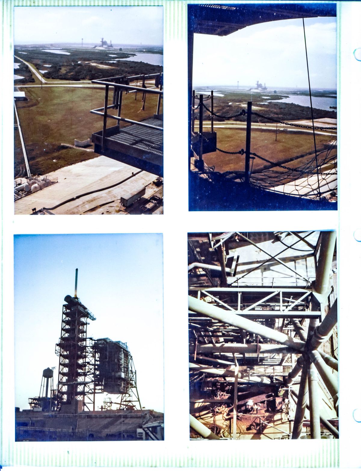 Top: The rollout of Space Shuttle Columbia to Launch Complex 39-A, prior to the launch of STS-2, which was the second mission in the Space Shuttle Program, as seen from the upper elevations of the towers on Launch Complex 39-B. Bottom left: The Rotating Service Structure at Launch Complex 39-B, Kennedy Space Center, Florida, silhouetted by the first light of dawn, spanning the Flame Trench in the ‘Mated’ position. Bottom right: Looking down from the upper reaches of the RSS as it was being constructed, with a workman bent over his work, far below you.